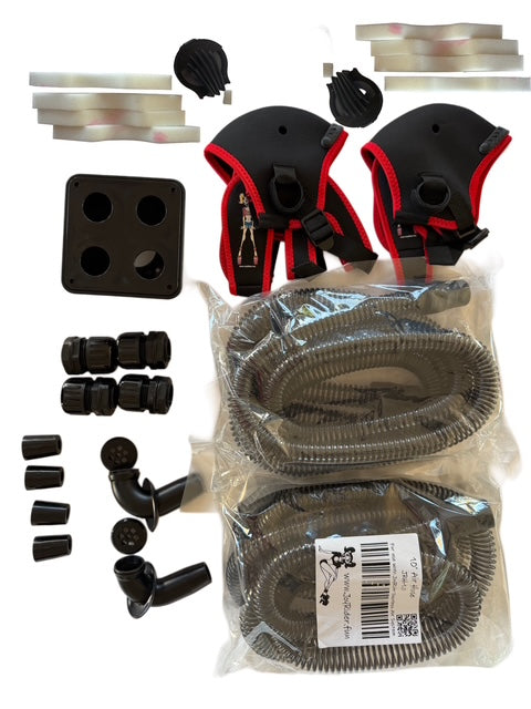📦 What’s in the Box

1 × Joyrider Dustless Air Pump 4 person adaptor

2 x JoyRider 10' Air Hoses (cut to fit for 4 users)

2 × JoyRider Masks (1 Large and 1 Medium) These are the most common sizes. The other 2 masks are included in the 2 person Dustless Air System. 

2 × JoyRider Hose to Mask connectors

4 x JoyRider Hoes to Pump Fittings

4 x JoyRider Hoses to Hose Holder Mount (Holds Hoses when not in use)

4 x Hose Holders

1 x Installation Hardware Kit