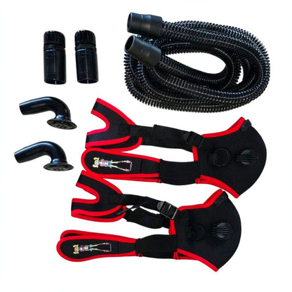 Comes with: (2) Helmet systems (PCI, Rugged ect) to JoyRider Hose adaptors. (1) Joyrider Hose.  (cut to fit for two people) (2) Mask to hose adaptors and 2 masks your choice of sizes